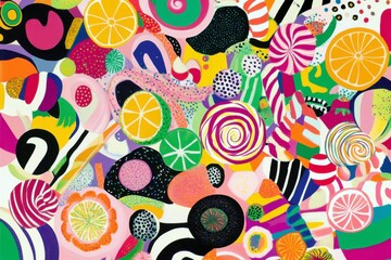 Poster - Colorful Abstract Composition of Swirls, Circles, and Shapes Featuring Bright Fruity Patterns and Playful Designs with Vibrant Color Contrast