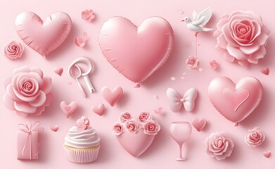 Canvas Print - Pink Valentines Day Hearts Roses Balloons And Sweets