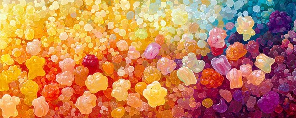 Poster - Colorful Abstract Background with Glossy Jelly Candy Shapes in Vibrant Tones of Yellow, Orange, Red, Blue, Green, and Purple for Creative Projects