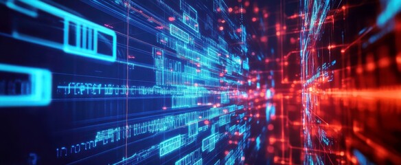 Poster - Abstract digital landscape with glowing lines and grids representing futuristic technology, data movement, and cyber connectivity in neon blue and red hues