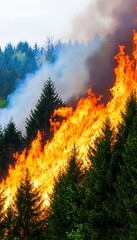 Wall Mural - Wildfire engulfing a coniferous forest, intense flames and smoke.