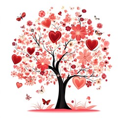 Canvas Print - A blossoming love tree adorned with hearts and butterflies