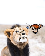 Poster - Young lion looking up at a monarch butterfly.