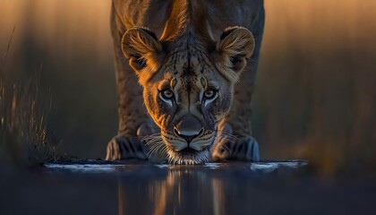 Wall Mural - Young lioness drinking water at sunset, reflecting in the water.