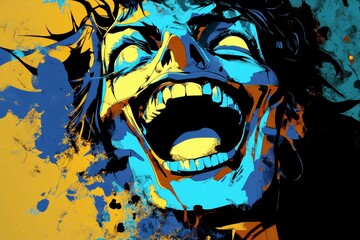 Poster - Vibrant Abstract Portrait of a Joyful Person Emitting Energy and Positive Vibes with Colorful Splashes and Dynamic Brush Strokes