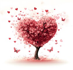 Canvas Print - Heart Shaped Tree With Pink Blossoms And Butterflies