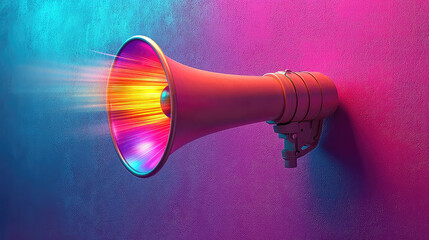 Neon pink megaphone mounted on a wall emitting vibrant light beams.