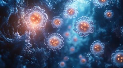 Poster - abstract representation of microscopic organisms in a luminous, underwater world, showcasing intrica