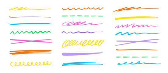 Aufkleber - Line pen brush marker color stroke underline vector set. Hand drawn doodle sketch pen brush stroke scribble underline. Marker emphasis color doodle sketch grunge highlight. Vector illustration.