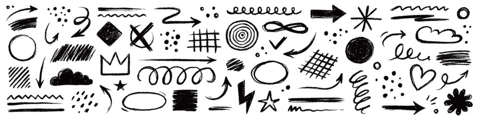 Fototapete - Arrow brush line chalk sketch texture brush vector set. Crayon marker scribble sketch stroke arrow element line brush hand drawn design. Texture abstract chalk, crayon style. Vector illustration