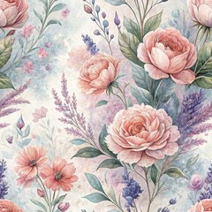 Wall Mural - Watercolor Floral Seamless Pattern Peach Roses Lavender and Delicate Blooms on Pastel Background