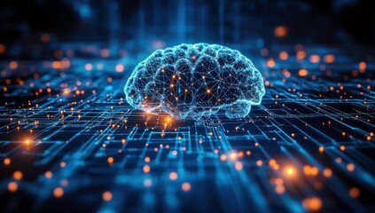 Poster - Futuristic Digital Brain Concept with Neural Connections and Blue Glowing Lights on Abstract Cyber Background Showcasing Artificial Intelligence Technology
