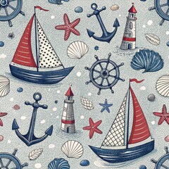 Wall Mural - Nautical Seamless Pattern Sailboats Anchors Lighthouses and Seashells on Blue Background