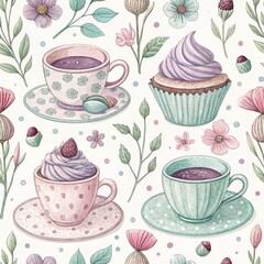 Wall Mural - Watercolor Seamless Pattern Pastel Teacups Cupcakes Floral Design Sweet Treats