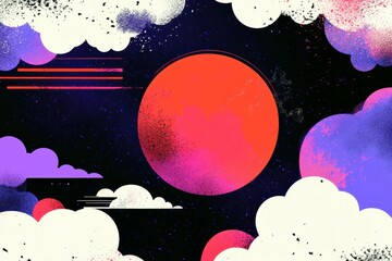 Poster - Vibrant Abstract Landscape with Colorful Clouds and Bright Red Sun Against a Dark Background for Imaginative and Creative Designs