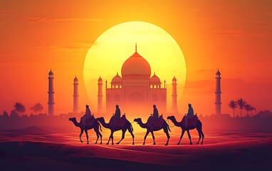 Wall Mural - Camels Traverse Desert Sands Towards Majestic Taj Mahal Sunset