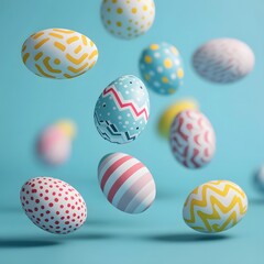 Canvas Print - Colorful Easter Eggs Falling Against a Blue Background