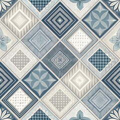 Wall Mural - Seamless Blue and Beige Geometric Tile Pattern Ornate Diamond Mosaic Design Vintage Style Decor