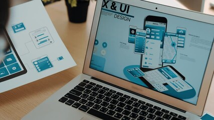 Poster - panorama video of startup ux developer or company employee using laptop design user interface or ui 