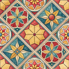 Wall Mural - Intricate Vintage Floral Tile Pattern Geometric Design Seamless Texture Red Yellow Teal Beige