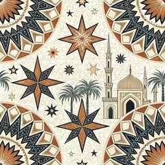 Wall Mural - Seamless Islamic Pattern Design Mosque Stars Palm Trees Geometric Mandala Artwork