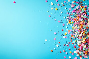 Poster - Colorful confetti scattered on a vibrant blue background creating a festive and celebratory atmosphere for events, parties, or special occasions.