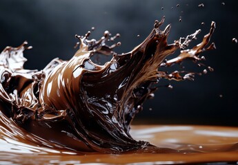 Aufkleber - captivating burst of dark chocolate splashing high with glossy texture and dynamic movement against 