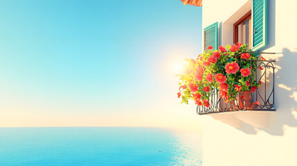 Aufkleber - A vibrant seaside balcony adorned with blooming flowers under a clear blue sky, capturing the essence of tranquility and beauty
