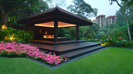 Poster - A serene garden pavilion surrounded by lush greenery and vibrant flowers, offering a tranquil retreat in a modern urban setting