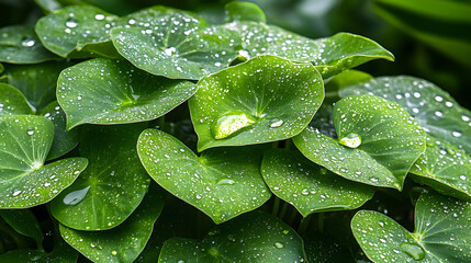 Poster - Lush green leaves covered in droplets of water create a refreshing and vibrant natural scene