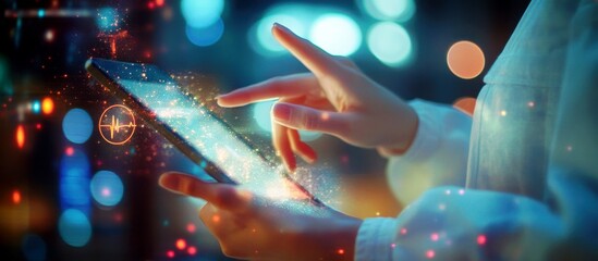 Poster - Person using a tablet device with glowing digital effects and bokeh lights in a modern, futuristic setting, showcasing technology and interaction