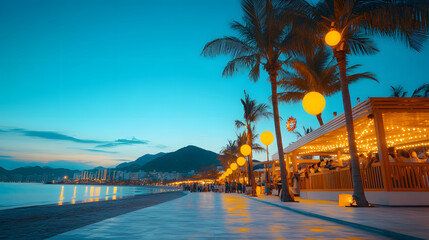 Poster - A picturesque beach scene at dusk, featuring palm trees, lanterns, and a vibrant atmosphere along the shoreline