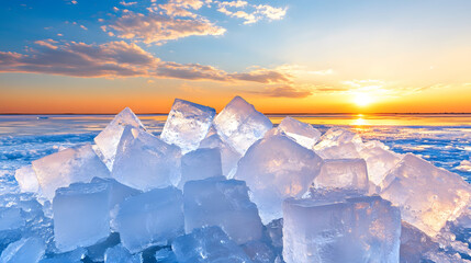 Poster - A serene sunset over a frozen landscape, featuring a pile of ice blocks glistening in the warm light of the evening sky