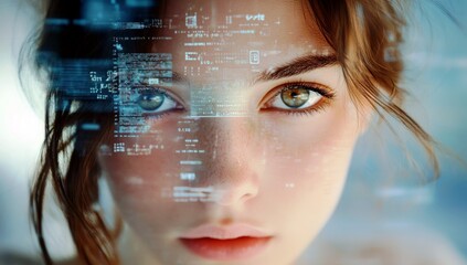 Poster - Close-Up Portrait of a Young Woman with Green Eyes Surrounded by Digital Data and Technology Elements, Symbolizing Innovation and Connectivity