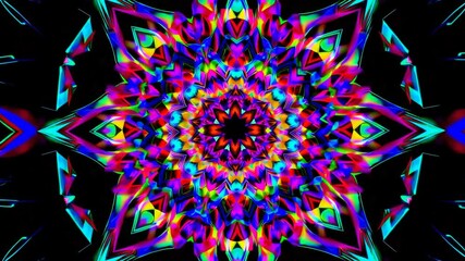 Poster - Colorful kaleidoscopic pattern with vibrant neon colors on black background. Abstract psychedelic art concept