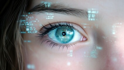 Poster - Close-Up of Human Eye with Digital Interface Elements Reflecting Technology, Cybernetics, and Innovative Future Concepts