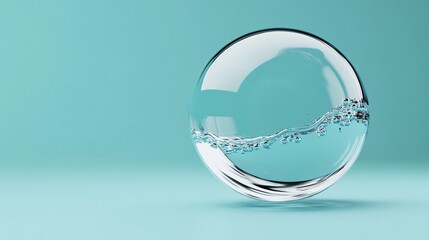 Aufkleber - Transparent sphere filled with water, bubbles, and waves on a light blue background.