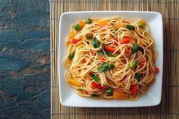 Wall Mural - Delicious asian noodles with colorful vegetables and herbs on a plate