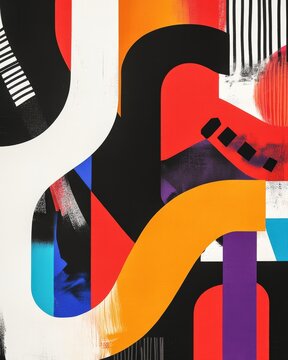Typographic poster featuring bold words and modern abstract patterns