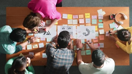 Sticker - Top down aerial view of skilled designer hold logo while discuss with team. Aerial business group working together sharing idea about logo graphic design by using sticky notes and tablet. Symposium.