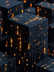 Poster - imaginative visualization of information data privacy, glowing digital shields, safe vault-like imag