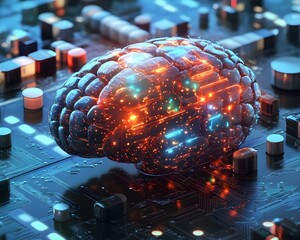 Poster - A conceptual image of a glowing brain on a circuit board, symbolizing the fusion of artificial intelligence and neural processes in modern technology.