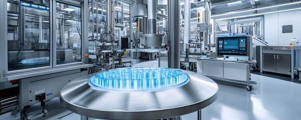 Poster - A modern industrial facility featuring advanced machinery and equipment, focusing on production processes in a sterile environment.