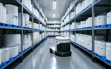 Poster - A modern warehouse featuring an automated robot on a clean floor surrounded by neatly arranged storage bins for efficient inventory management.