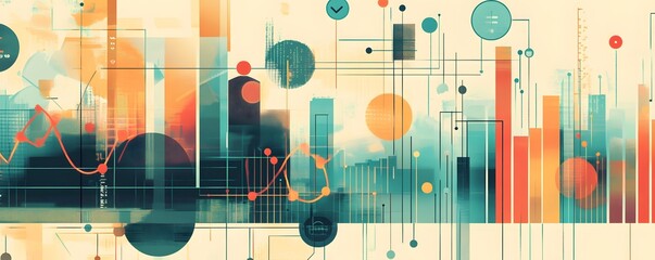 Fototapete - A vibrant abstract illustration of data visualization with colorful graphs, circles, and lines representing modern technology and analytics.