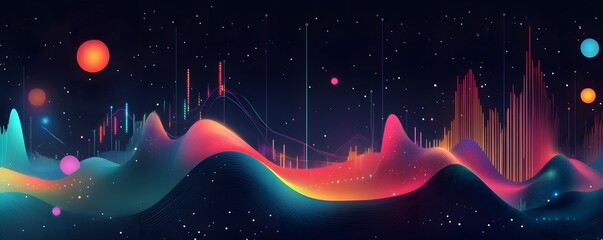 Poster - An abstract digital art piece depicting colorful sound waves on a cosmic background. Vibrant colors and smooth curves create a harmonious visual experience.