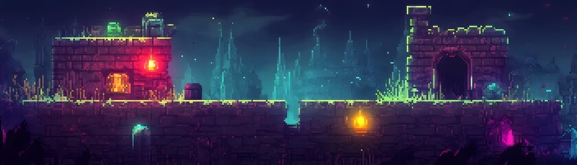 Poster - An enchanting digital landscape featuring vibrant lights, mysterious structures, and colorful elements, perfect for gaming and creative projects.