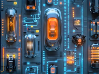 Poster - Futuristic electronic background featuring circuits and glowing components, ideal for technology-related projects or digital design.