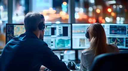 Fototapete - Two professionals in headsets analyze data on multiple screens in a modern office with a vibrant city backdrop. High-tech environment and teamwork.