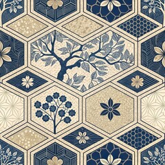 Wall Mural - Elegant Japanese Inspired Hexagon Pattern Seamless Textile Design with Floral and Tree Branches